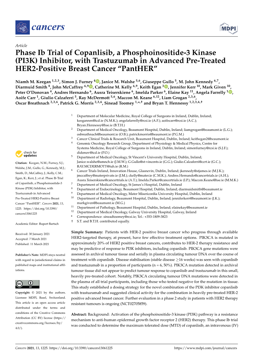 Phase Ib Trial of Copanlisib, a Phosphoinositide-3 Kinase (PI3K) Inhibitor, with Trastuzumab in Advanced Pre-Treated HER2-Positive Breast Cancer “Panther”