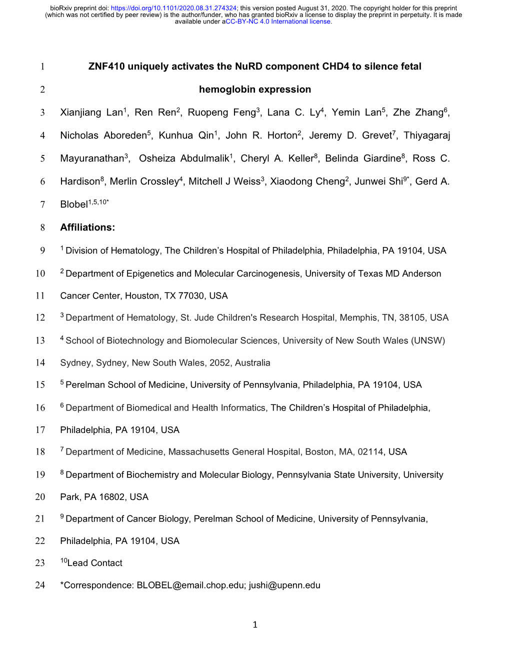 ZNF410 Uniquely Activates the Nurd Component CHD4 to Silence Fetal Hemoglobin Expression