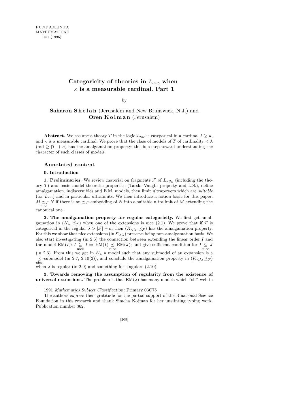 Categoricity of Theories in Lκω, When Κ Is a Measurable Cardinal. Part 1