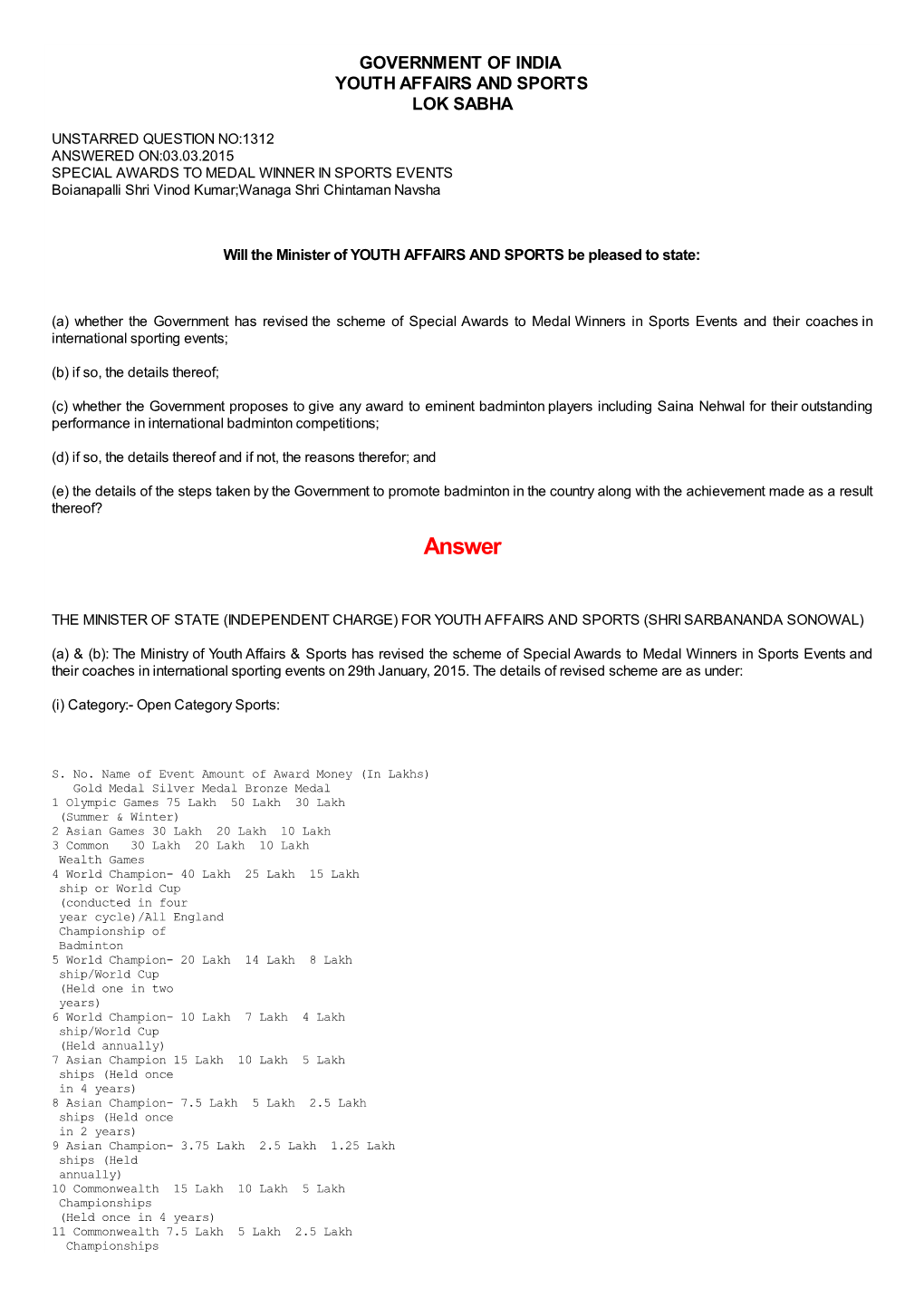 ANSWERED ON:03.03.2015 SPECIAL AWARDS to MEDAL WINNER in SPORTS EVENTS Boianapalli Shri Vinod Kumar;Wanaga Shri Chintaman Navsha