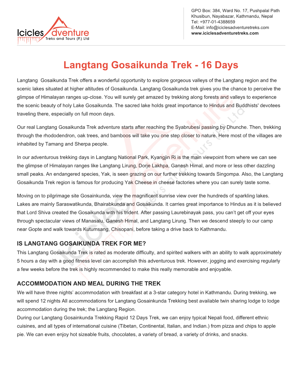 Langtang Gosaikunda Trek - 16 Days