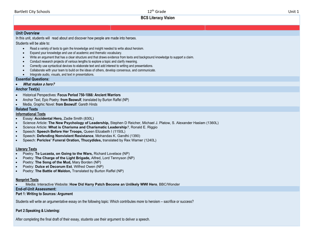 Bartlett City Schools 12Th Grade Unit 1 BCS Literacy Vision Unit Overview