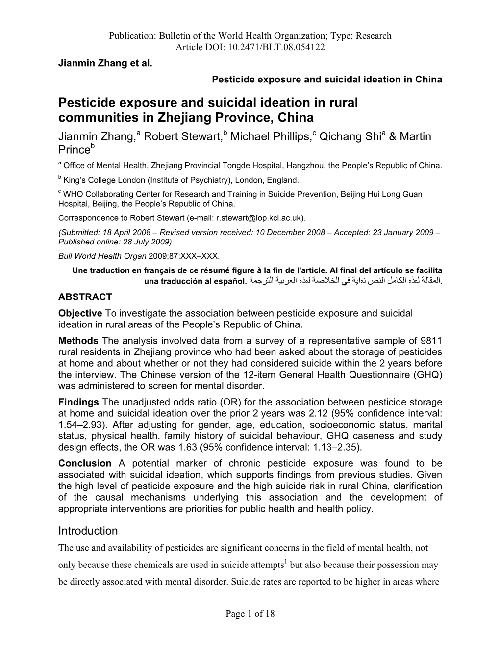 Pesticide Exposure and Suicidal Ideation in Rural Communities in Zhejiang Province, China