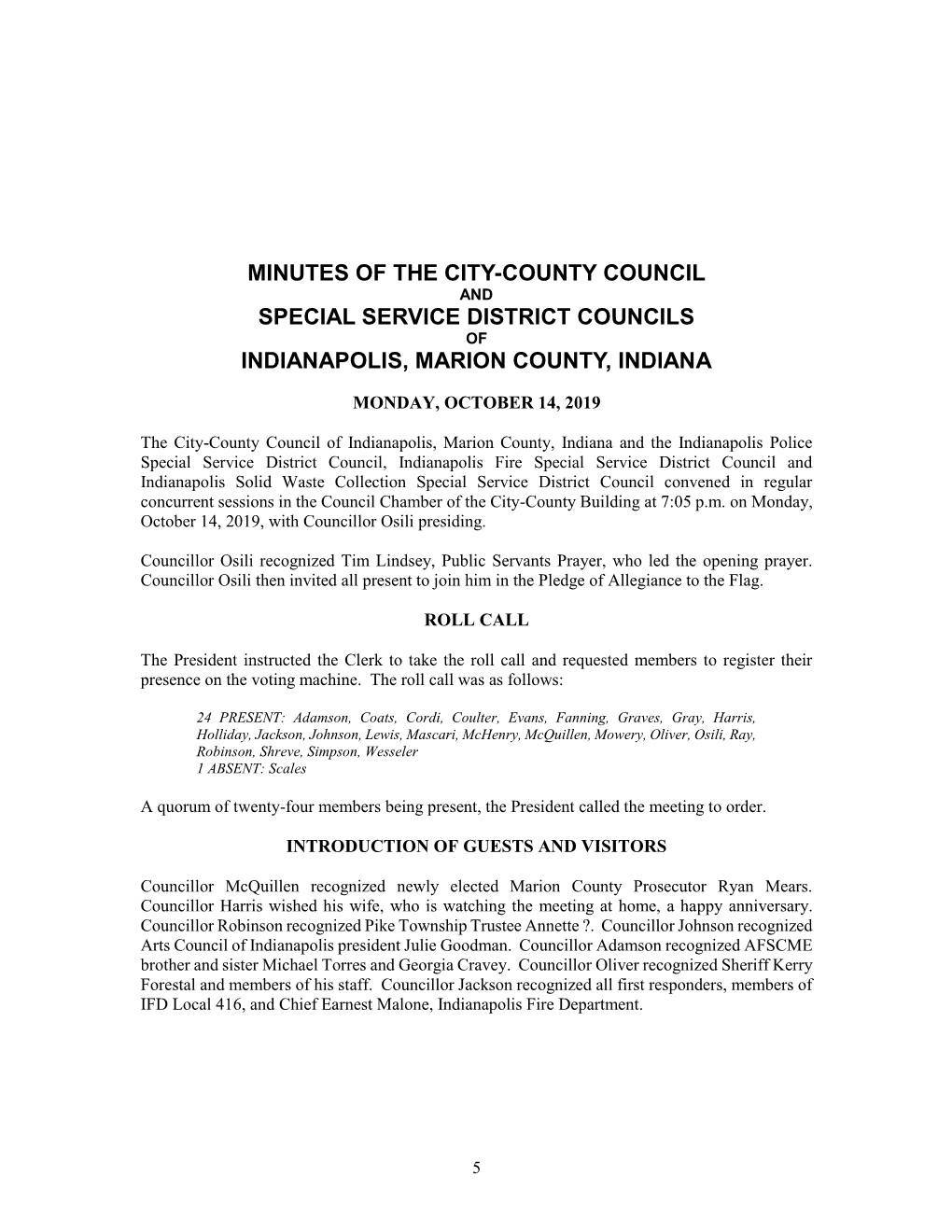 Minutes of the City-County Council and Special Service District Councils of Indianapolis, Marion County, Indiana