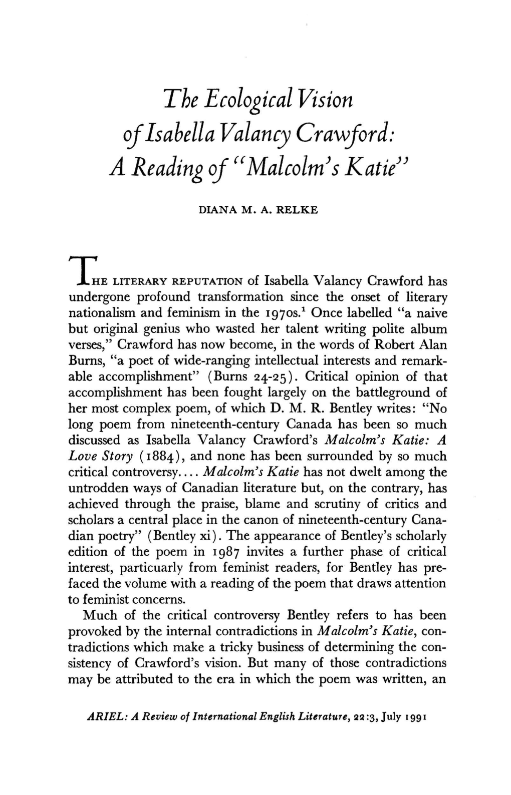 The Ecological Vision of Isahella Valancy Crawford: a Reading of "Malcolm*S Katie