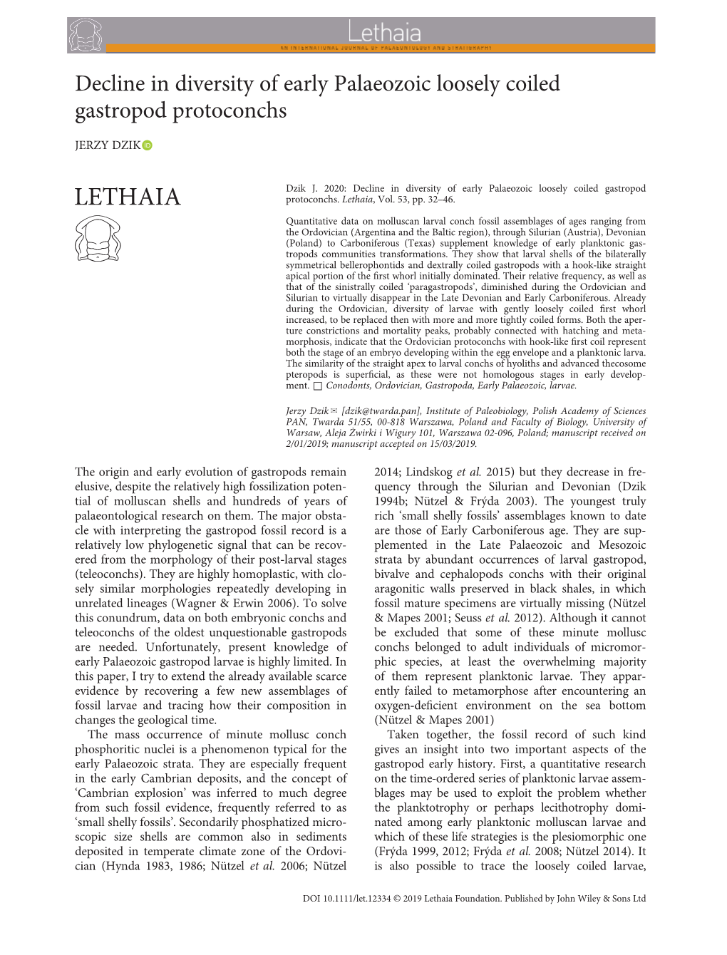 Decline in Diversity of Early Palaeozoic Loosely Coiled Gastropod Protoconchs