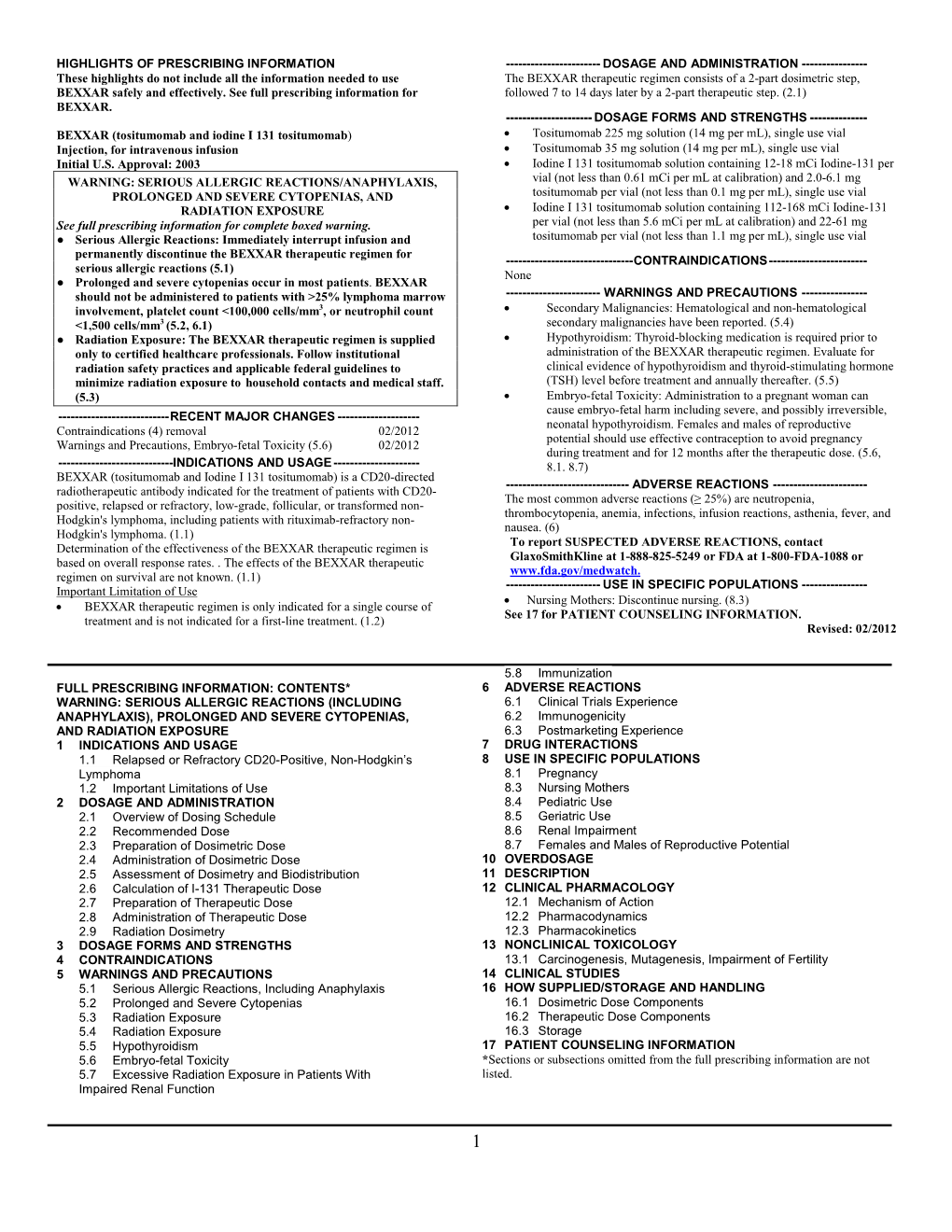 BEXXAR (Tositumomab and Iodine I 131 Tositumomab) Label