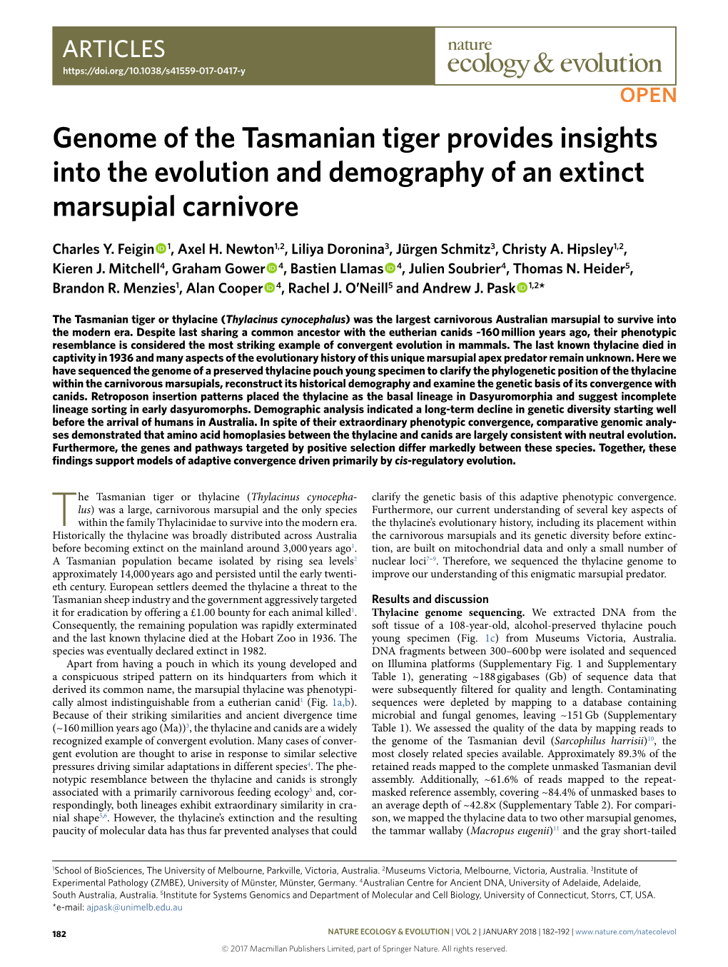 Genome of the Tasmanian Tiger Provides Insights Into the Evolution and Demography of an Extinct Marsupial Carnivore