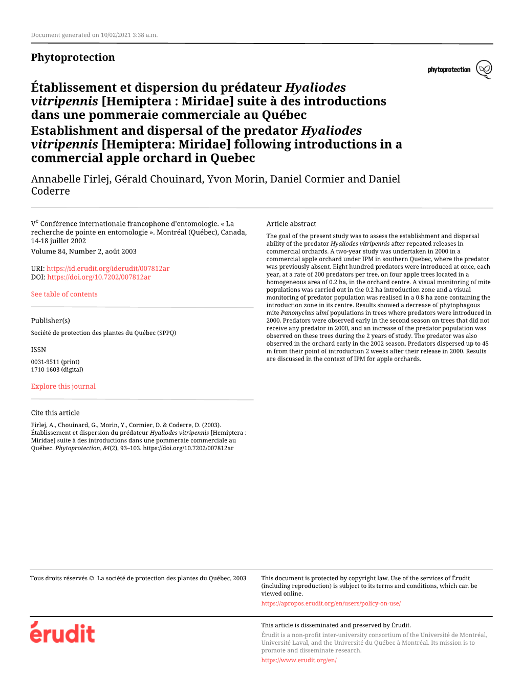 Établissement Et Dispersion Du Prédateur Hyaliodes Vitripennis