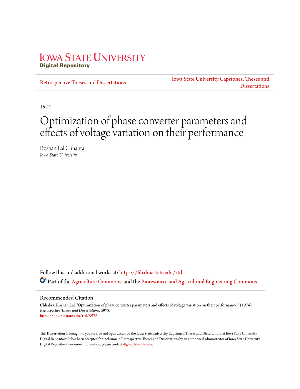 Optimization of Phase Converter Parameters and Effects of Voltage Variation on Their Performance Roshan Lal Chhabra Iowa State University