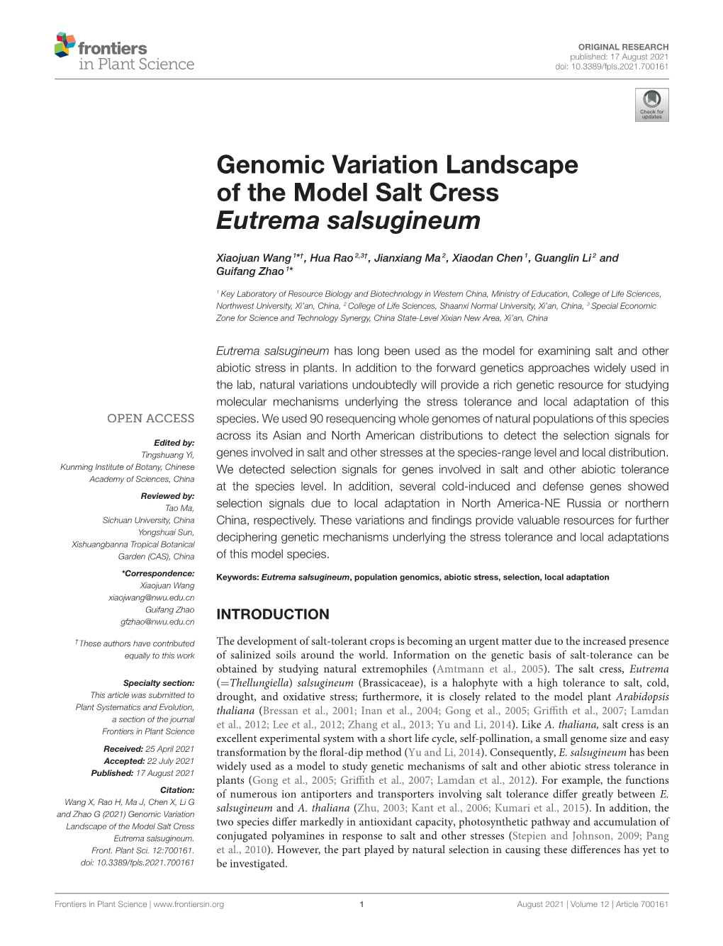 Genomic Variation Landscape of the Model Salt Cress Eutrema Salsugineum