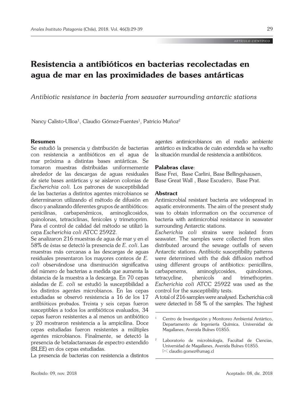 Resistencia a Antibióticos En Bacterias Recolectadas En Agua De Mar En Las Proximidades De Bases Antárticas