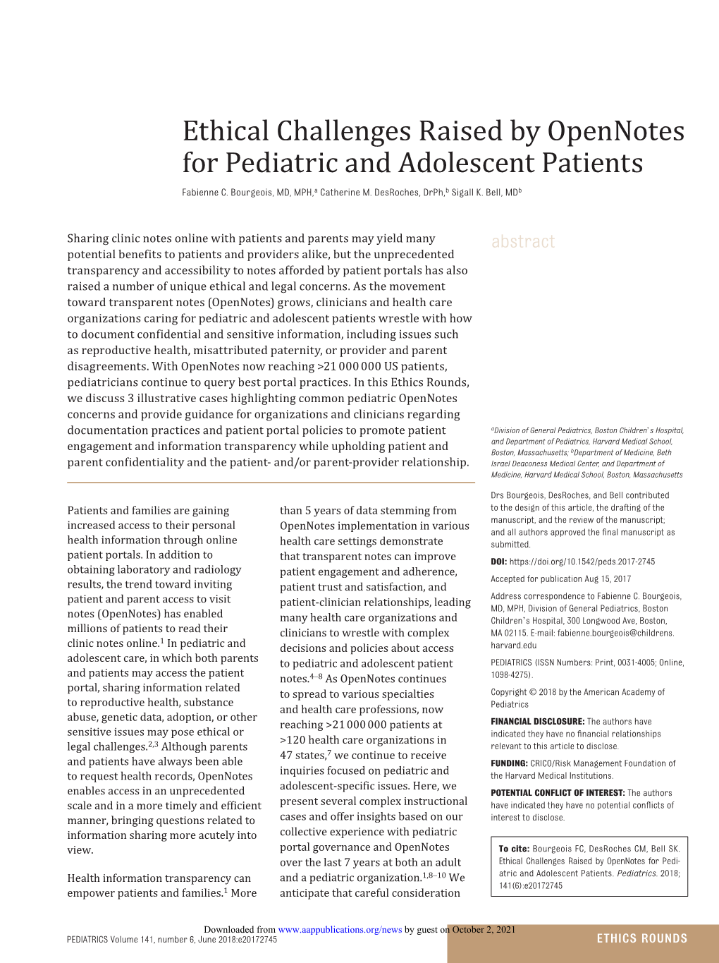 Ethical Challenges Raised by Opennotes for Pediatric and Adolescent Patients Fabienne C