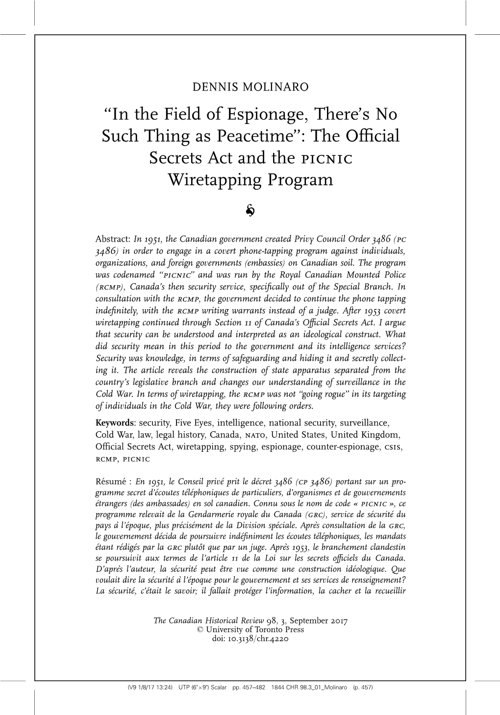 ''In the Field of Espionage, There's No Such Thing As Peacetime'': the Official Secrets Act and the Picnic Wiretapping