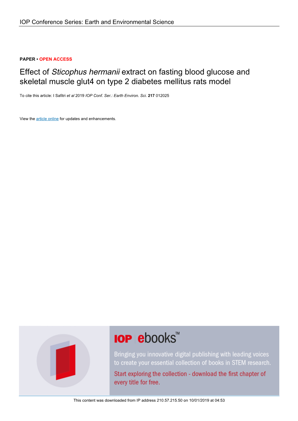 Effect of Sticophus Hermanii Extract on Fasting Blood Glucose and Skeletal Muscle Glut4 on Type 2 Diabetes Mellitus Rats Model