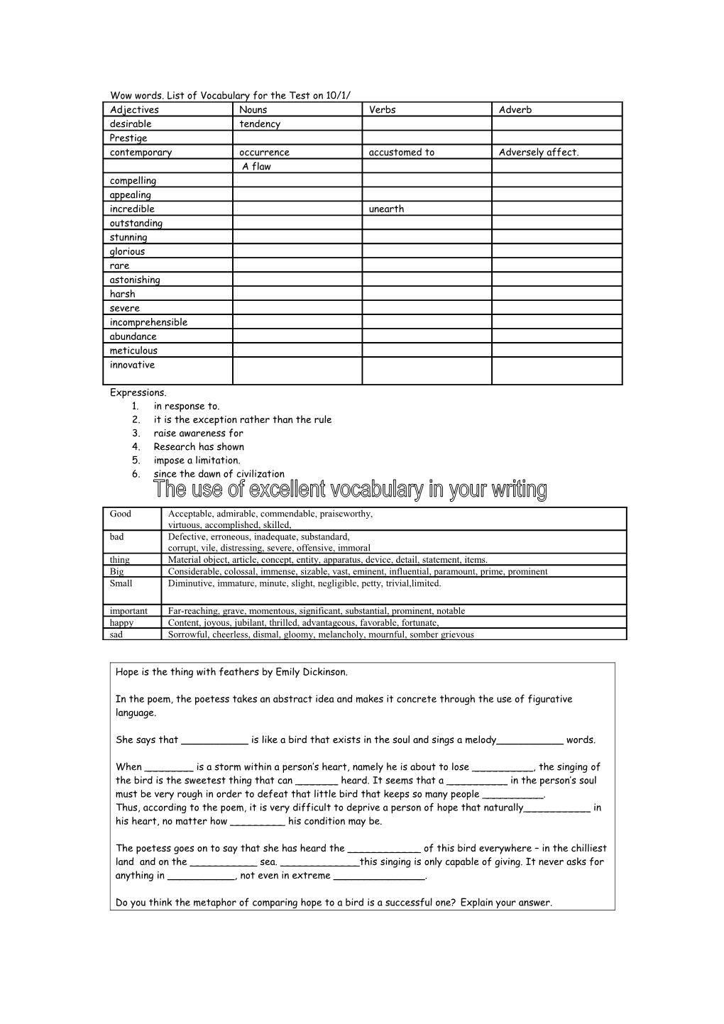 Wow Words. List of Vocabulary for the Test on 10/1