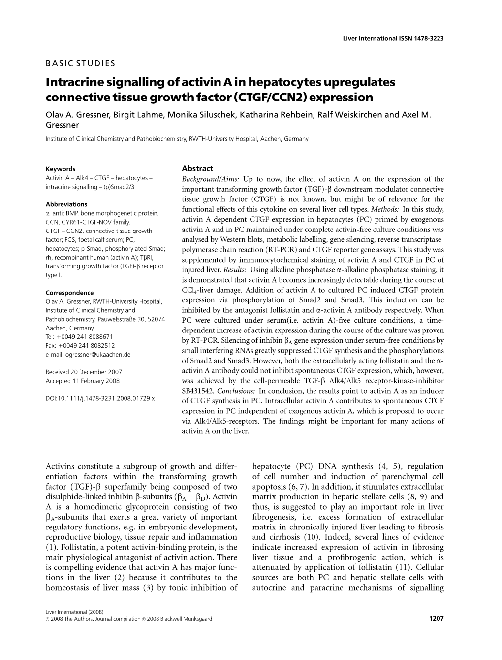 Intracrine Signalling of Activin a in Hepatocytes Upregulates