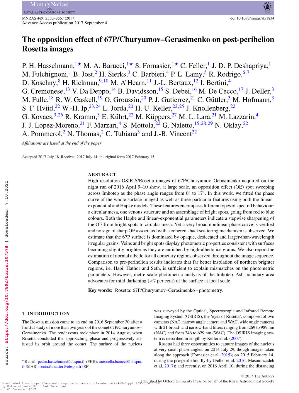 The Opposition Effect of 67P/Churyumov–Gerasimenko On