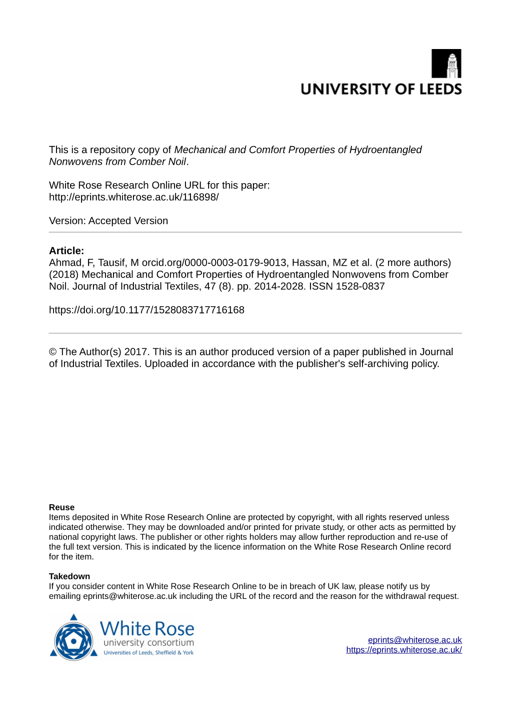 Mechanical and Comfort Properties of Hydroentangled Nonwovens from Comber Noil