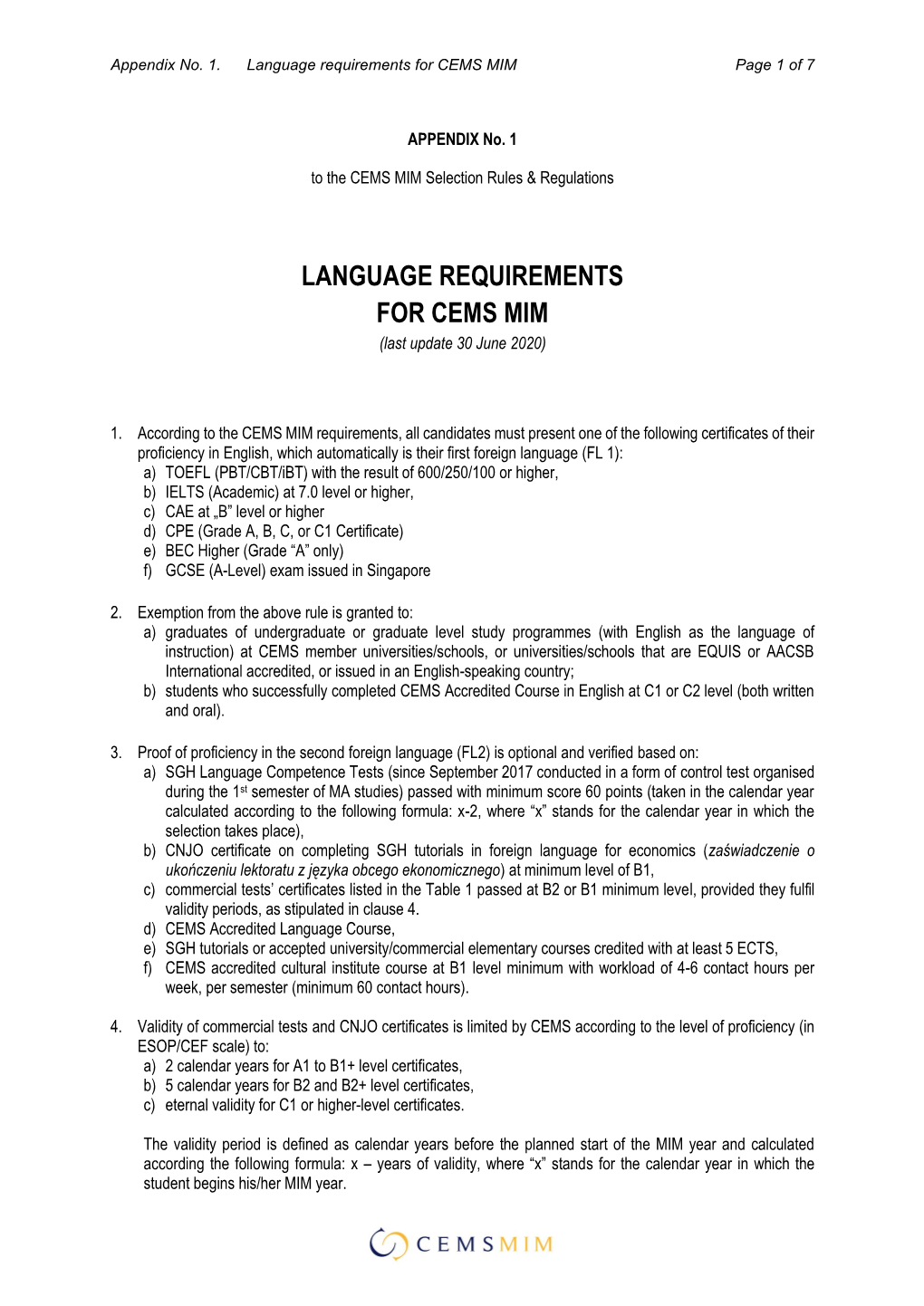 Language Requirements for CEMS MIM Page 1 of 7