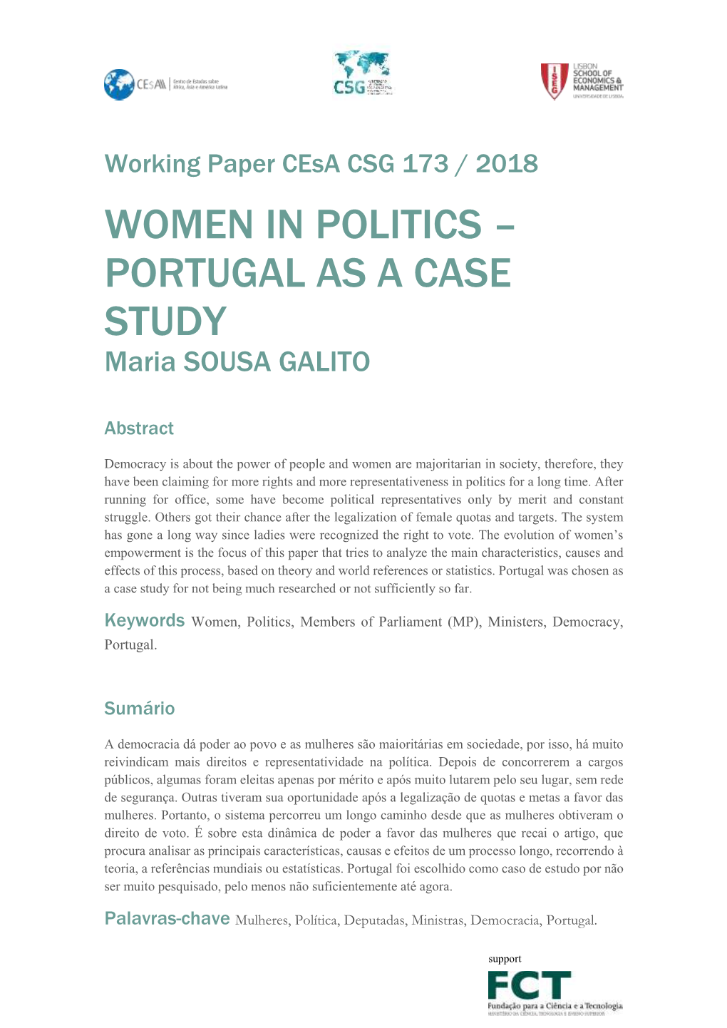 WOMEN in POLITICS – PORTUGAL AS a CASE STUDY Maria SOUSA GALITO
