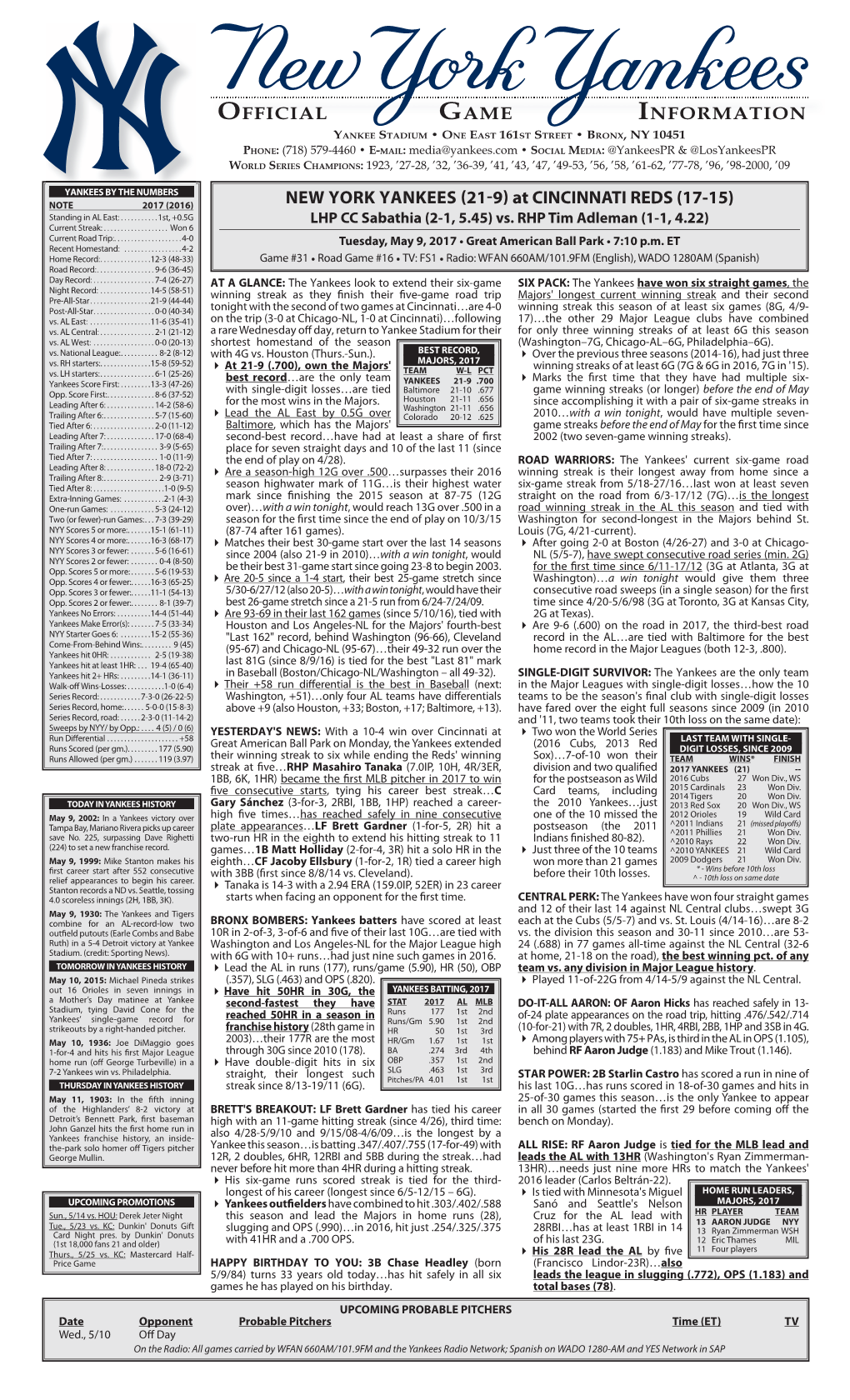 NYY Game Notes