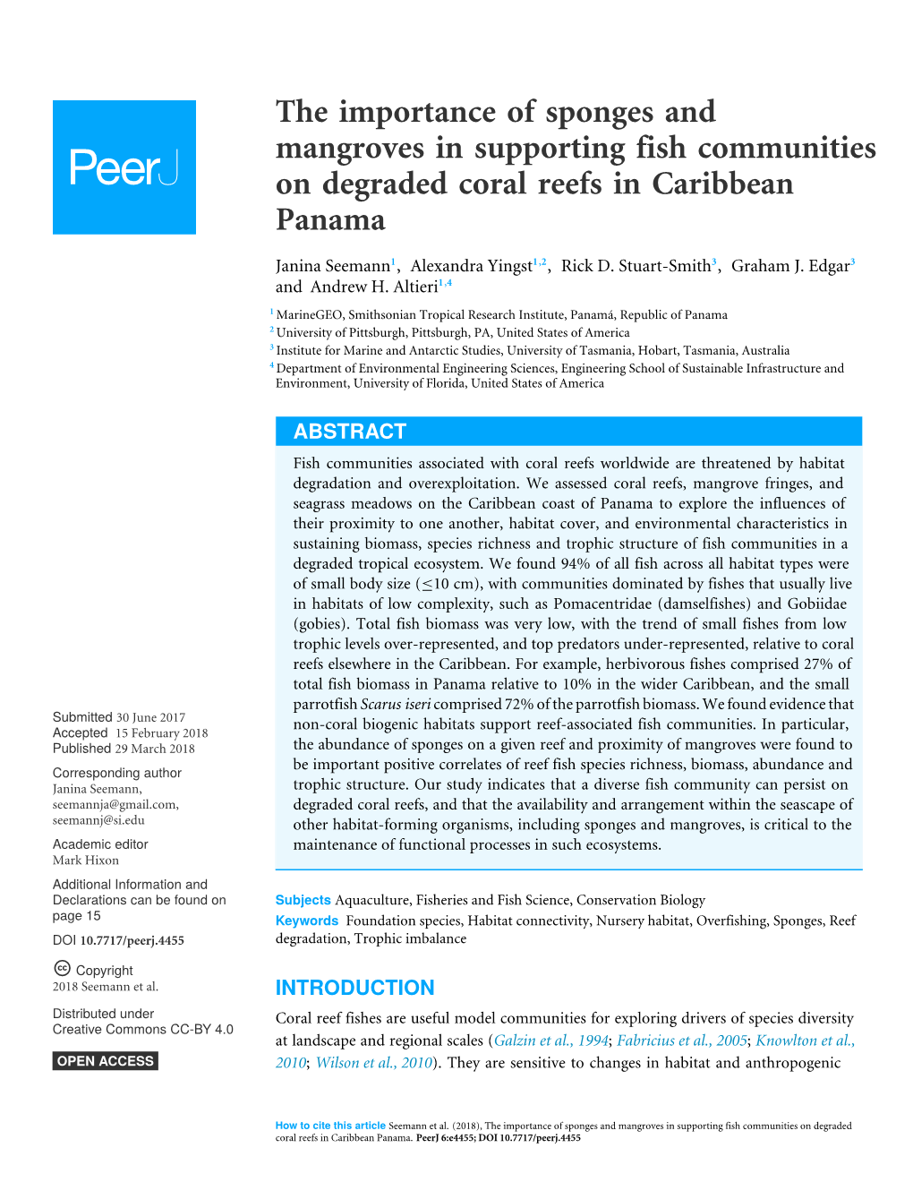 The Importance of Sponges and Mangroves in Supporting Fish Communities on Degraded Coral Reefs in Caribbean Panama