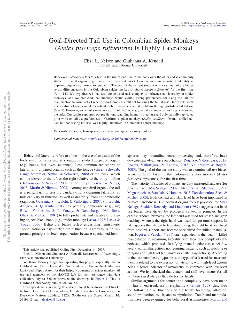 Goal-Directed Tail Use in Colombian Spider Monkeys (Ateles Fusciceps Rufiventris) Is Highly Lateralized