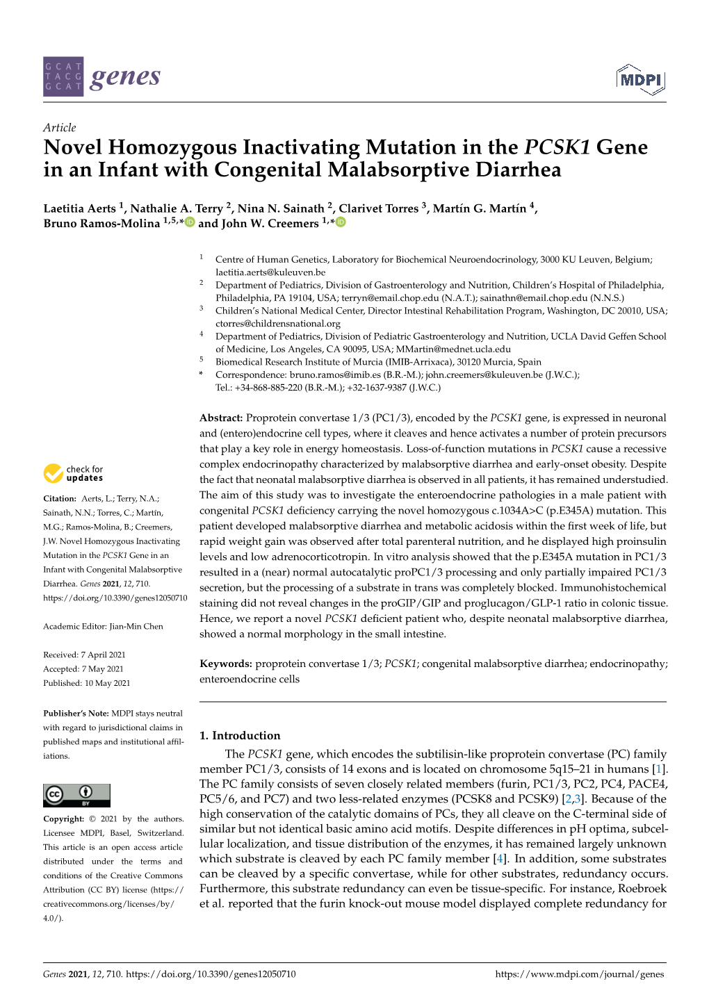 Novel Homozygous Inactivating Mutation in the PCSK1 Gene in an Infant with Congenital Malabsorptive Diarrhea