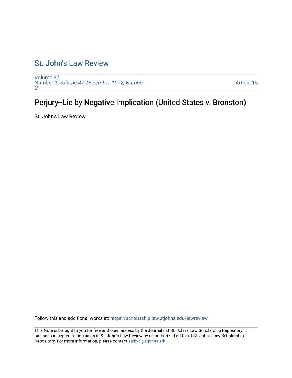 Perjury--Lie by Negative Implication (United States V. Bronston)