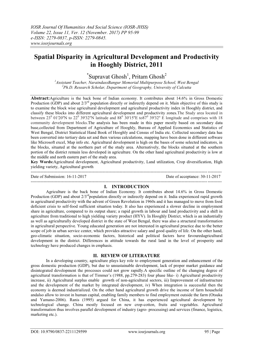 Spatial Disparity in Agricultural Development and Productivity in Hooghly District, 2011