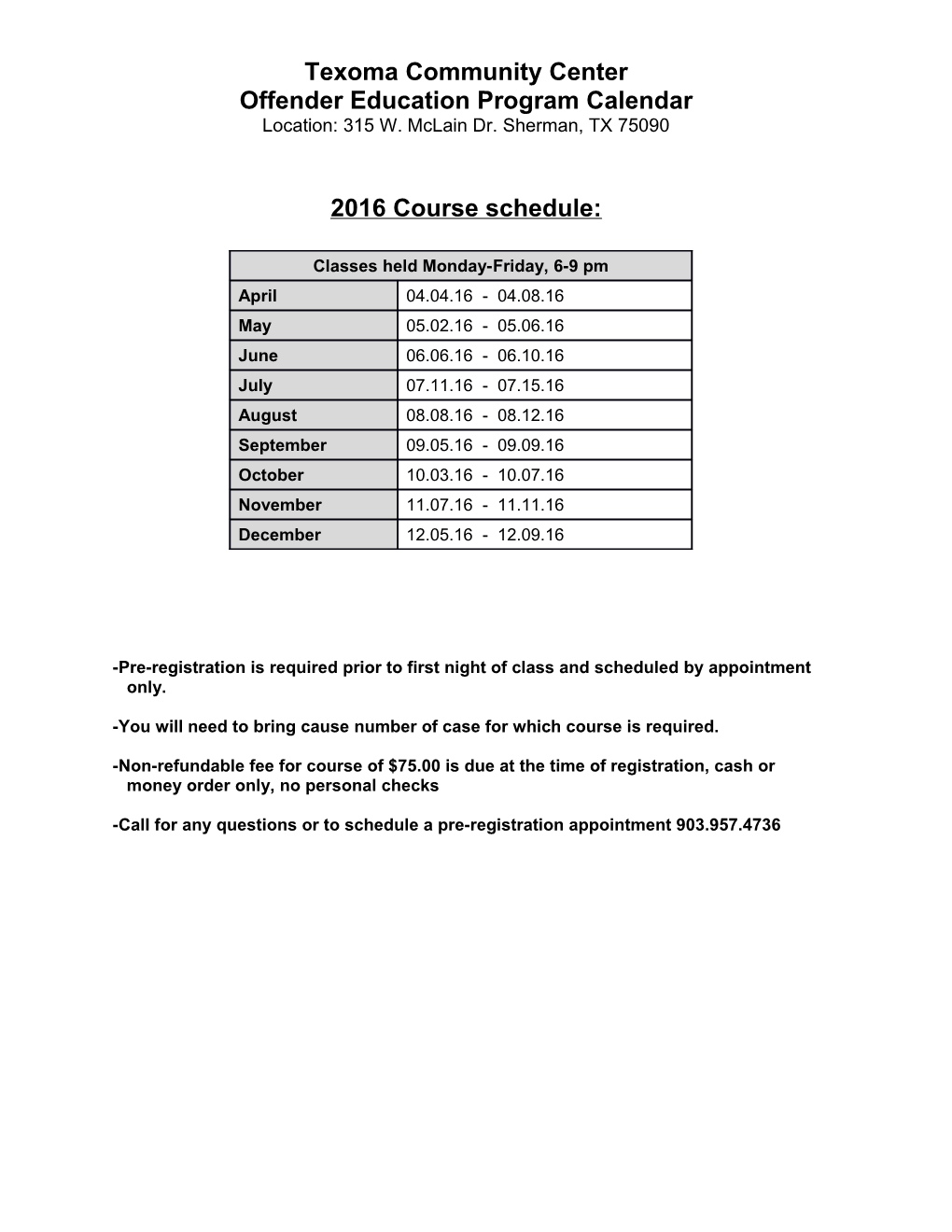 Offender Education Program Calendar