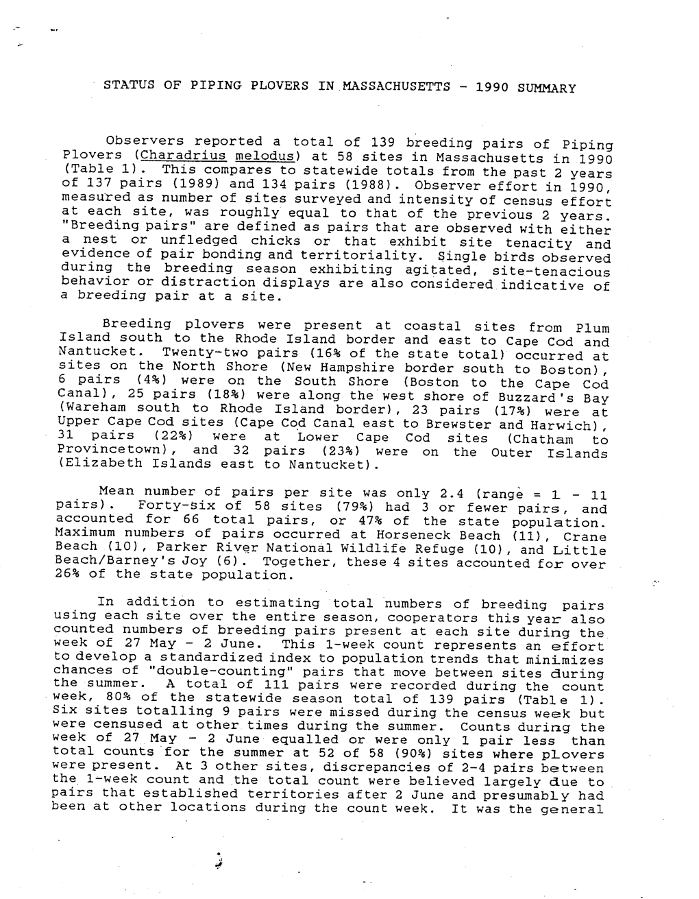 Status of Piping Plovers in .Massachusetts - 1990 Summary