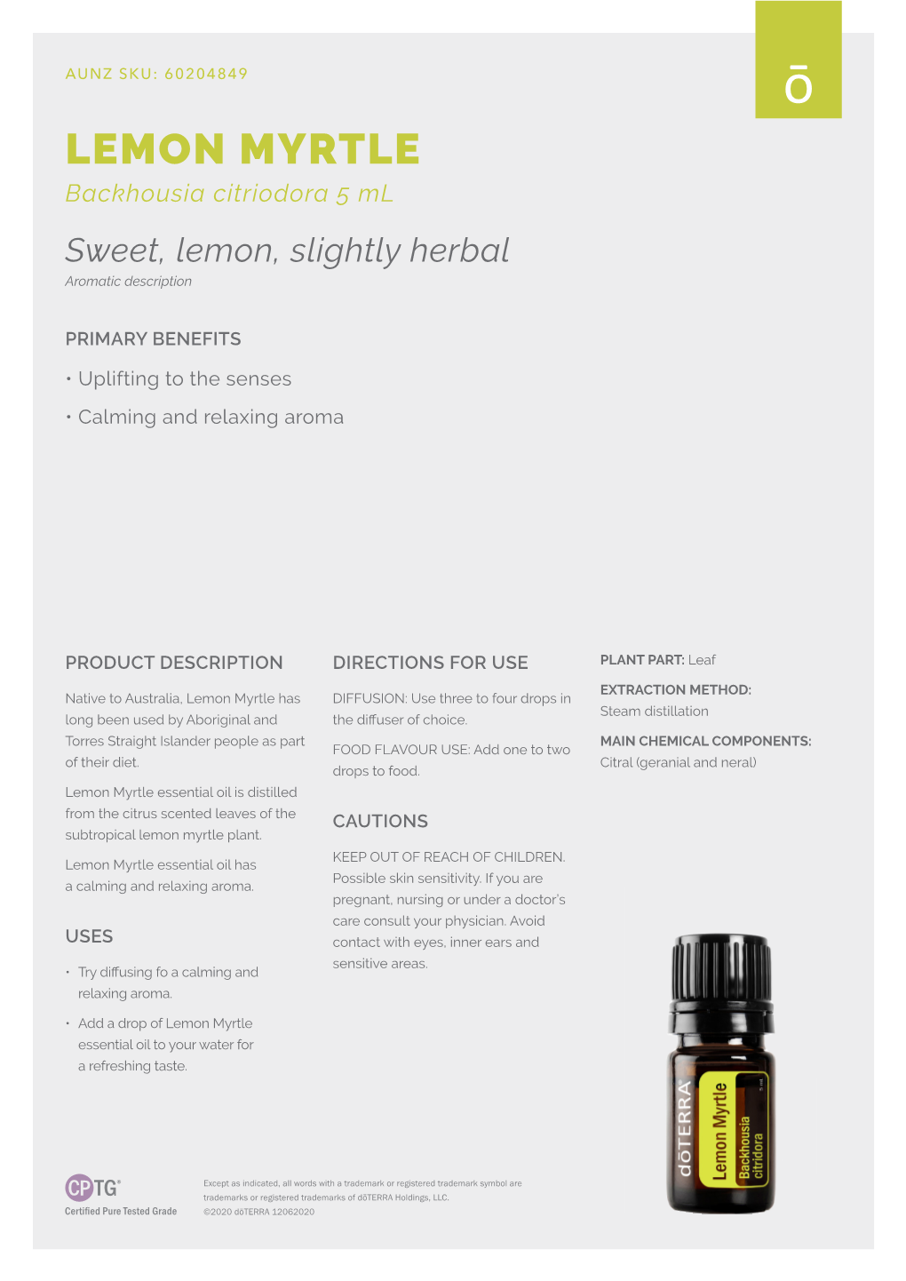 LEMON MYRTLE Backhousia Citriodora 5 Ml Sweet, Lemon, Slightly Herbal Aromatic Description