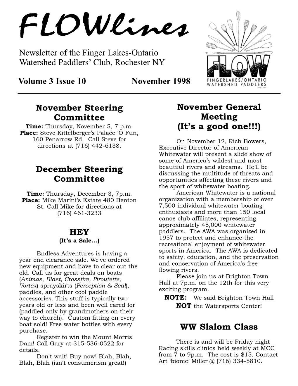 Newsletter of the Finger Lakes-Ontario Watershed Paddlers’ Club, Rochester NY