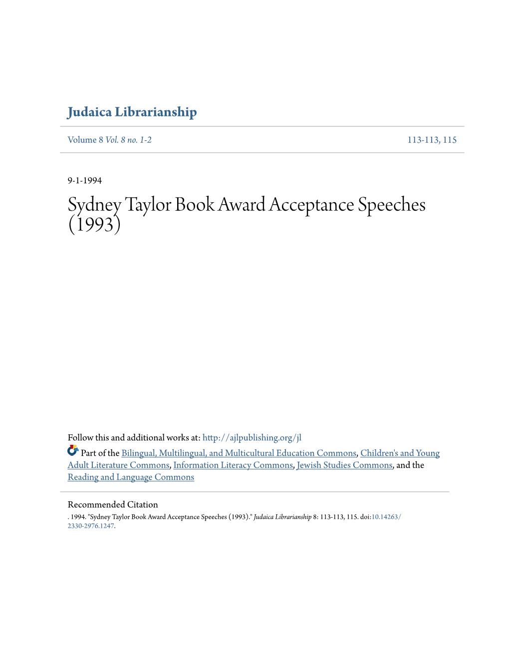 Sydney Taylor Book Award Acceptance Speeches (1993)