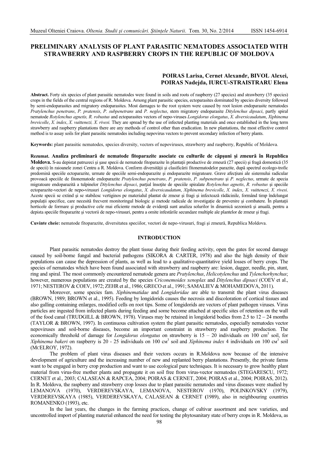 Preliminary Analysis of Plant Parasitic Nematodes Associated with Strawberry and Raspberry Crops in the Republic of Moldova