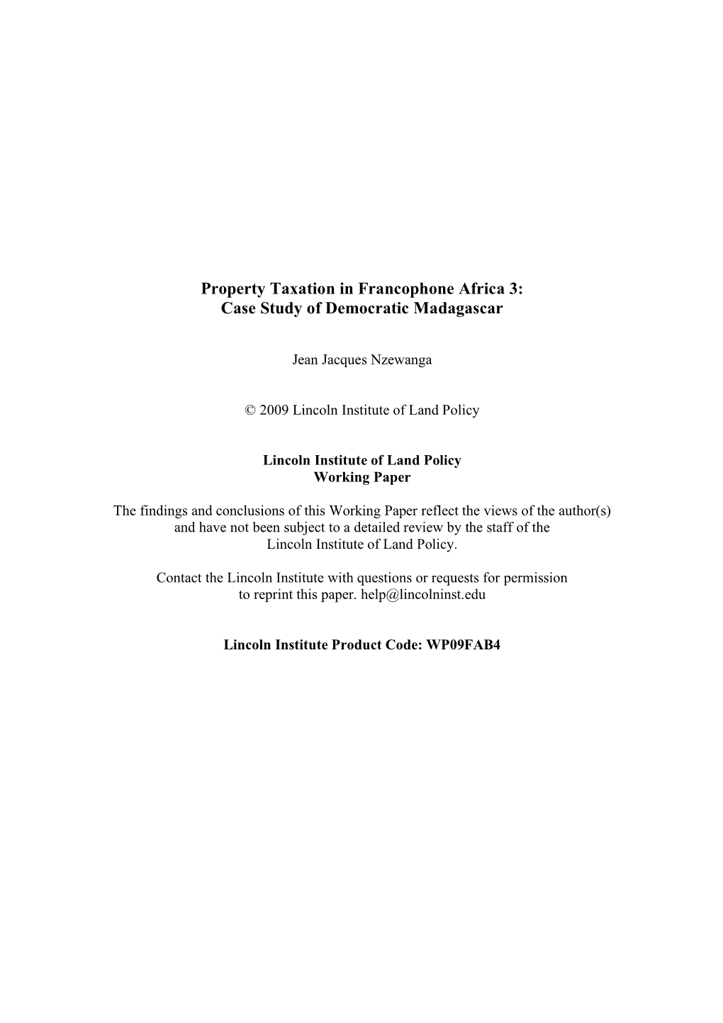Property Taxation in Francophone Africa 3: Case Study of Democratic Madagascar