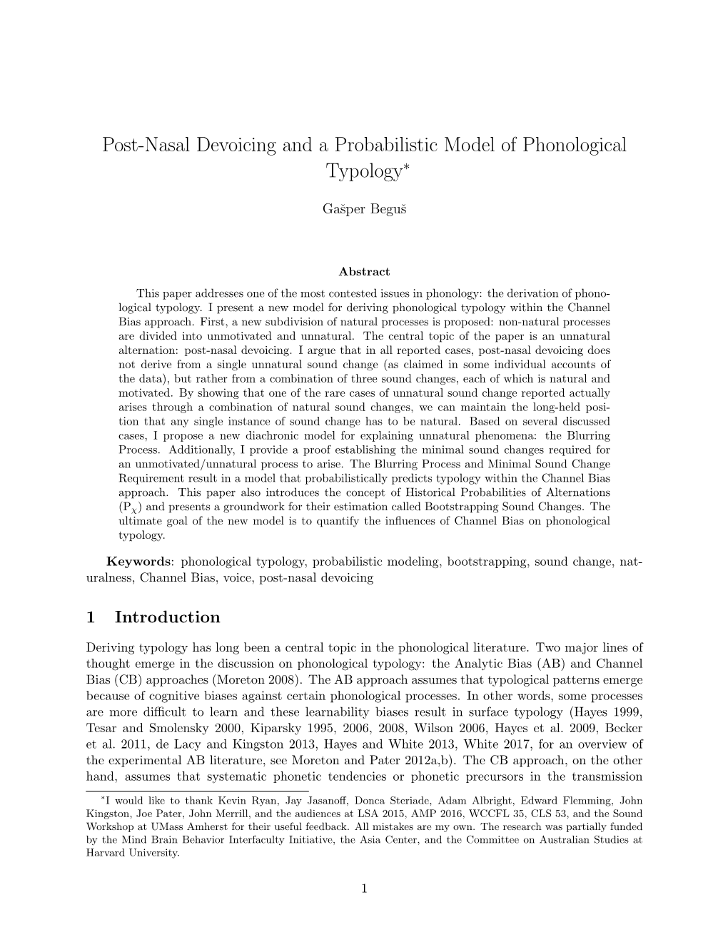 Post-Nasal Devoicing and a Probabilistic Model of Phonological Typology∗