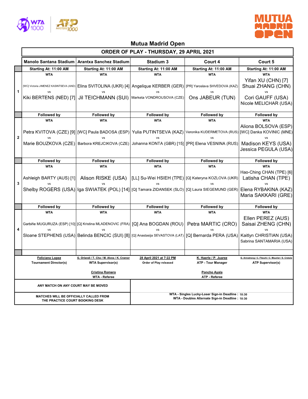 Mutua Madrid Open ORDER of PLAY - THURSDAY, 29 APRIL 2021