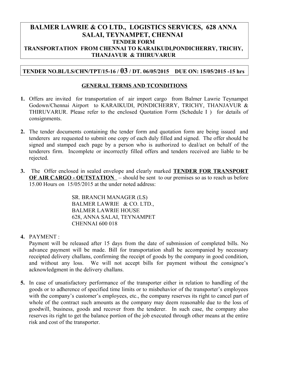 Tender Form Contract for Transportation of Import Tankers