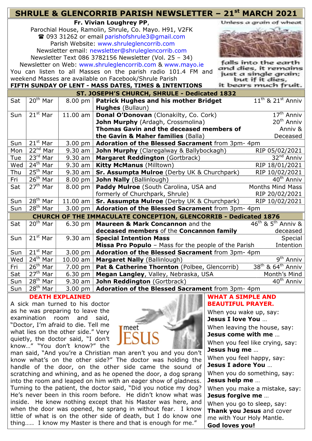 SHRULE & GLENCORRIB PARISH NEWSLETTER – 21St MARCH 2021