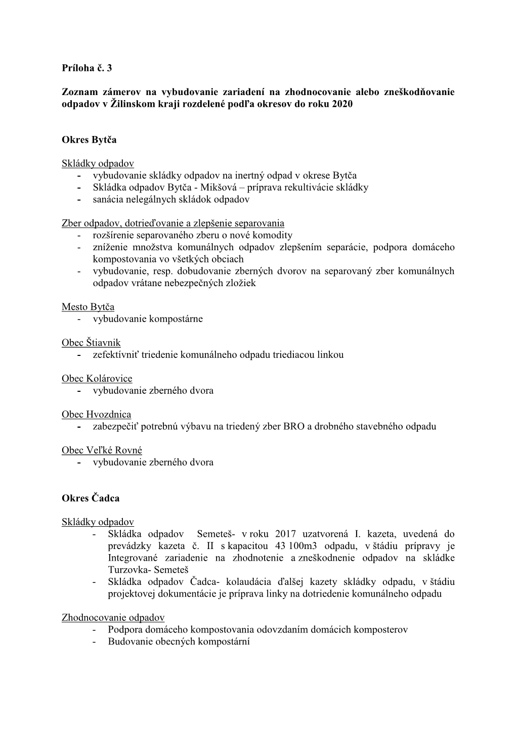 Zoznam Zámerov Na Vybudovanie Zariadení Na Zhodnocovanie Alebo Zneškodňovanie Odpadov V Žilinskom Kraji Rozdelené Podľa Okresov Do Roku 2020