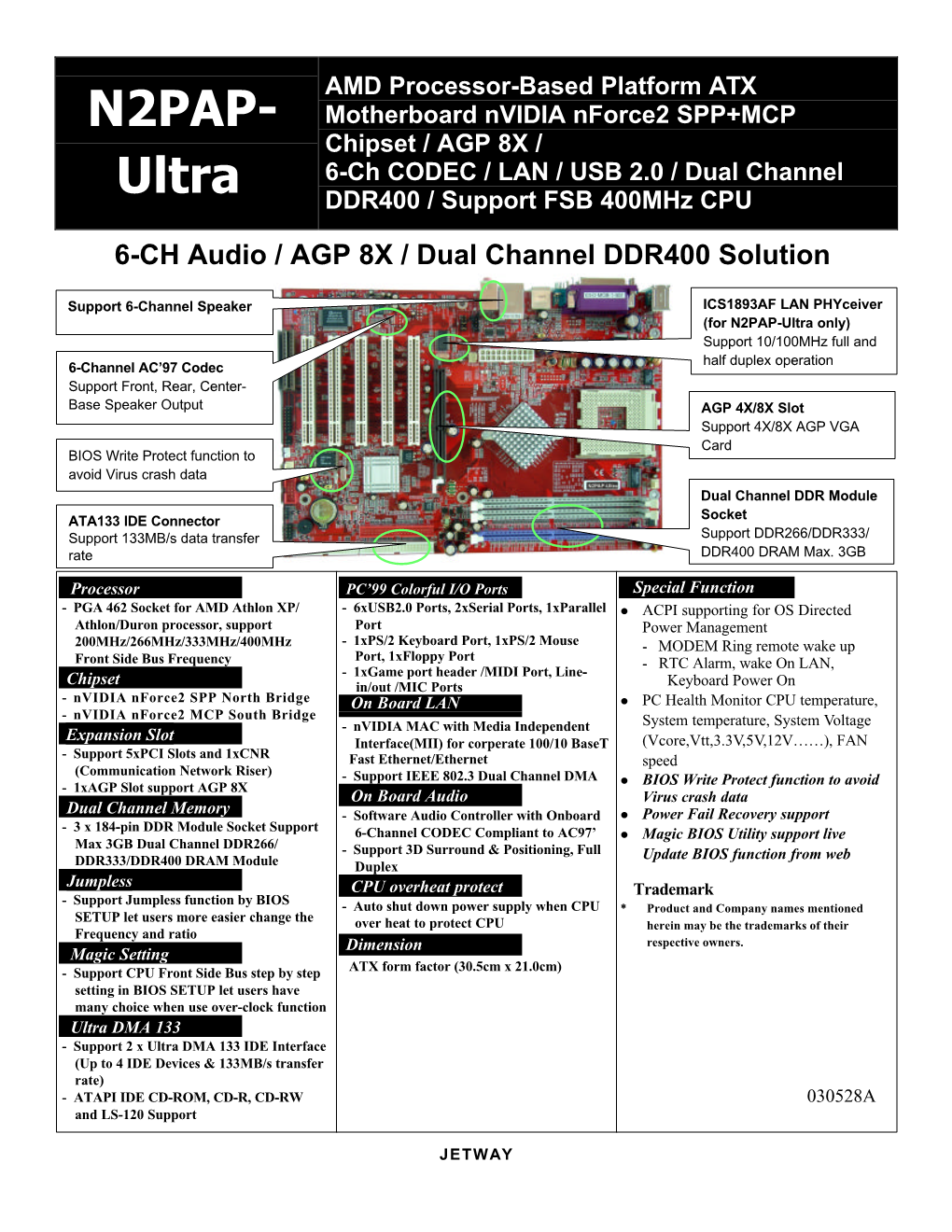 N2PAP- Motherboard Nvidia Nforce2 SPP+MCP Chipset / AGP 8X / 6-Ch CODEC / LAN / USB 2.0 / Dual Channel Ultra DDR400 / Support FSB 400Mhz CPU