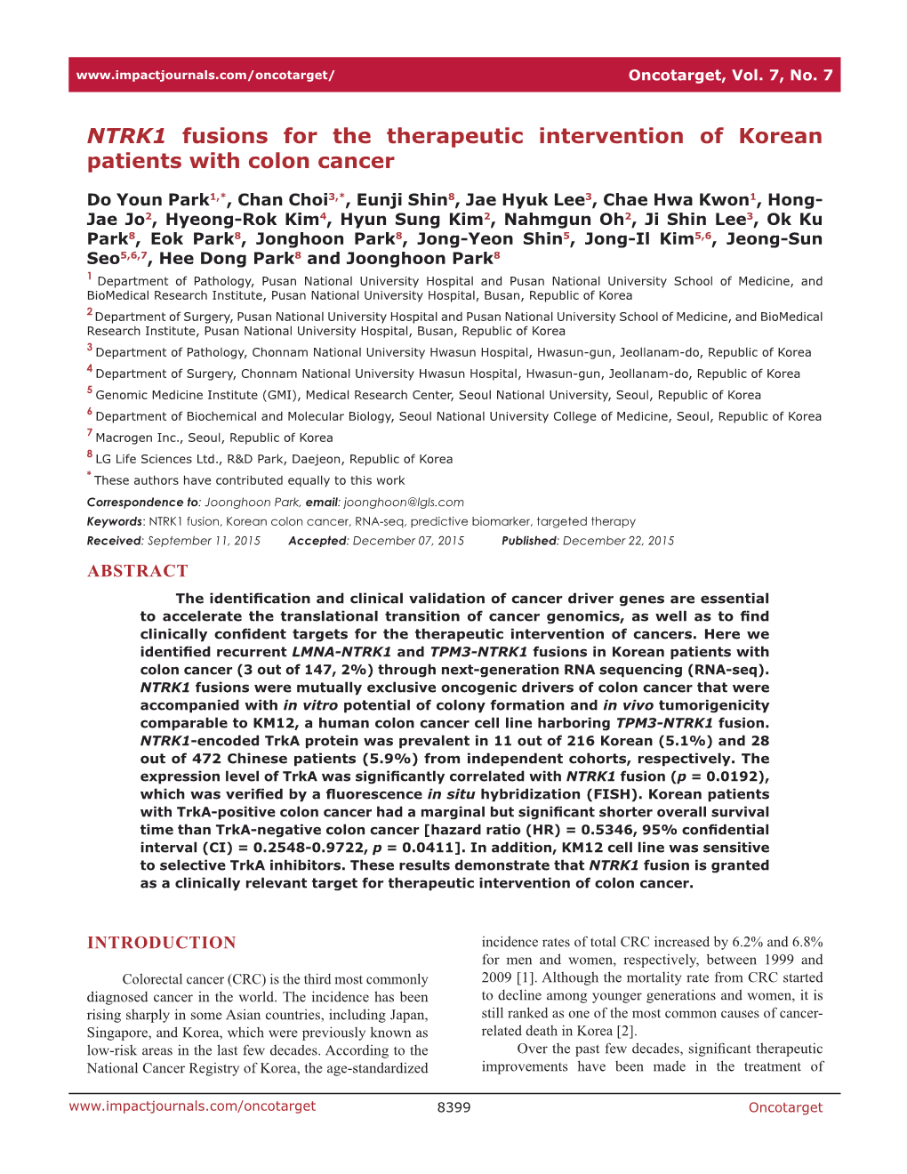 NTRK1 Fusions for the Therapeutic Intervention of Korean Patients with Colon Cancer