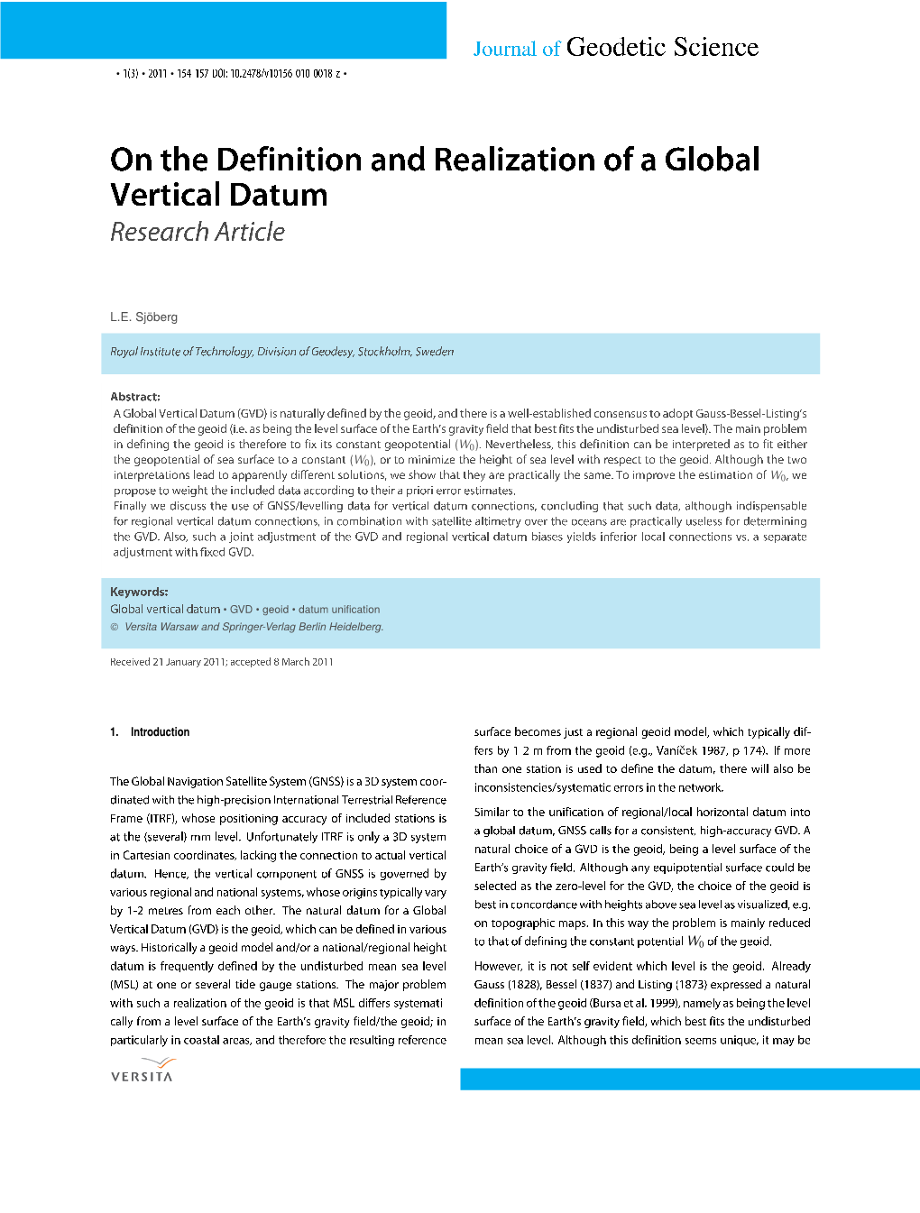 On the Definition and Realization of a Global Vertical Datum Research Article