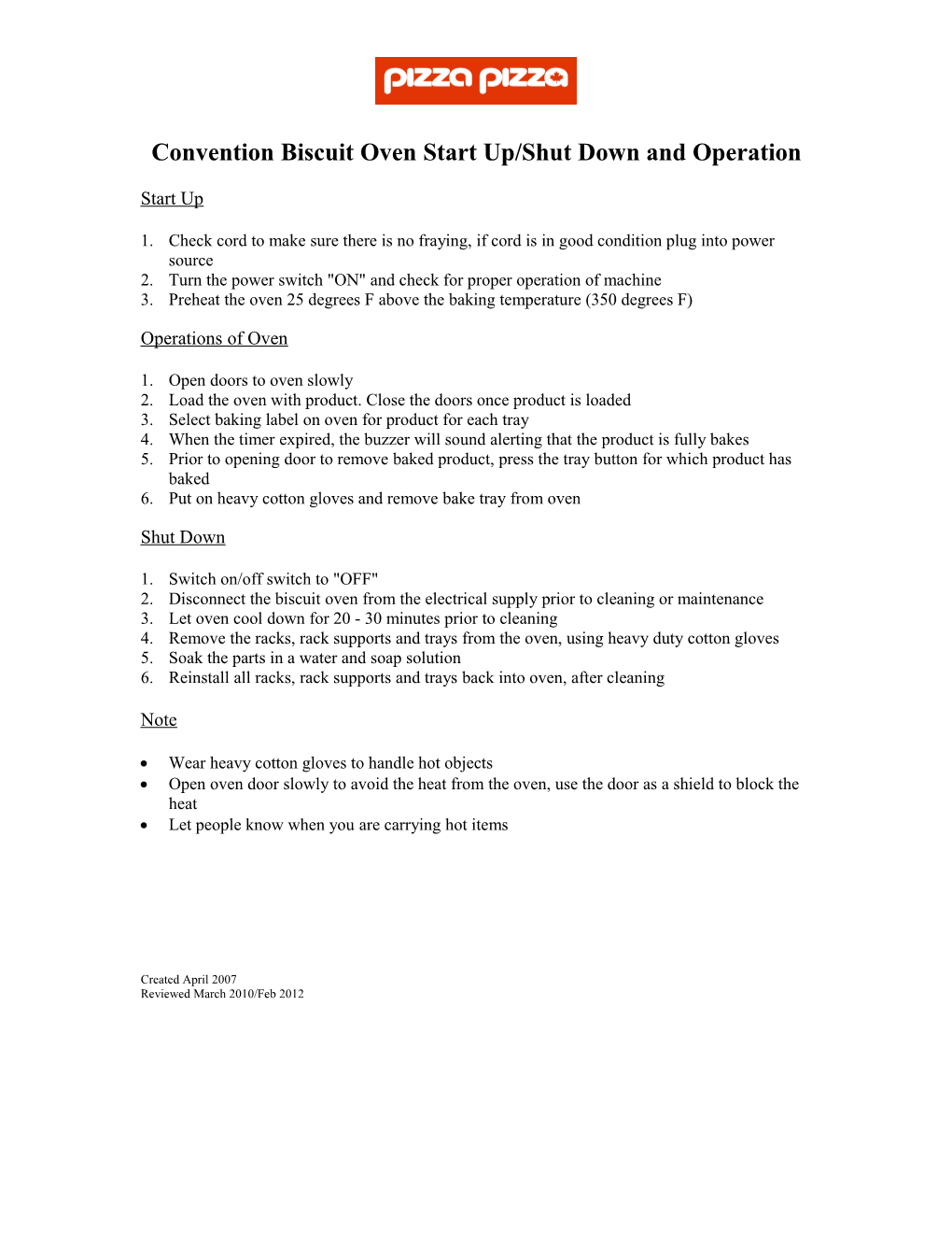 Convention Biscuit Oven Start Up/Shut Down and Operation