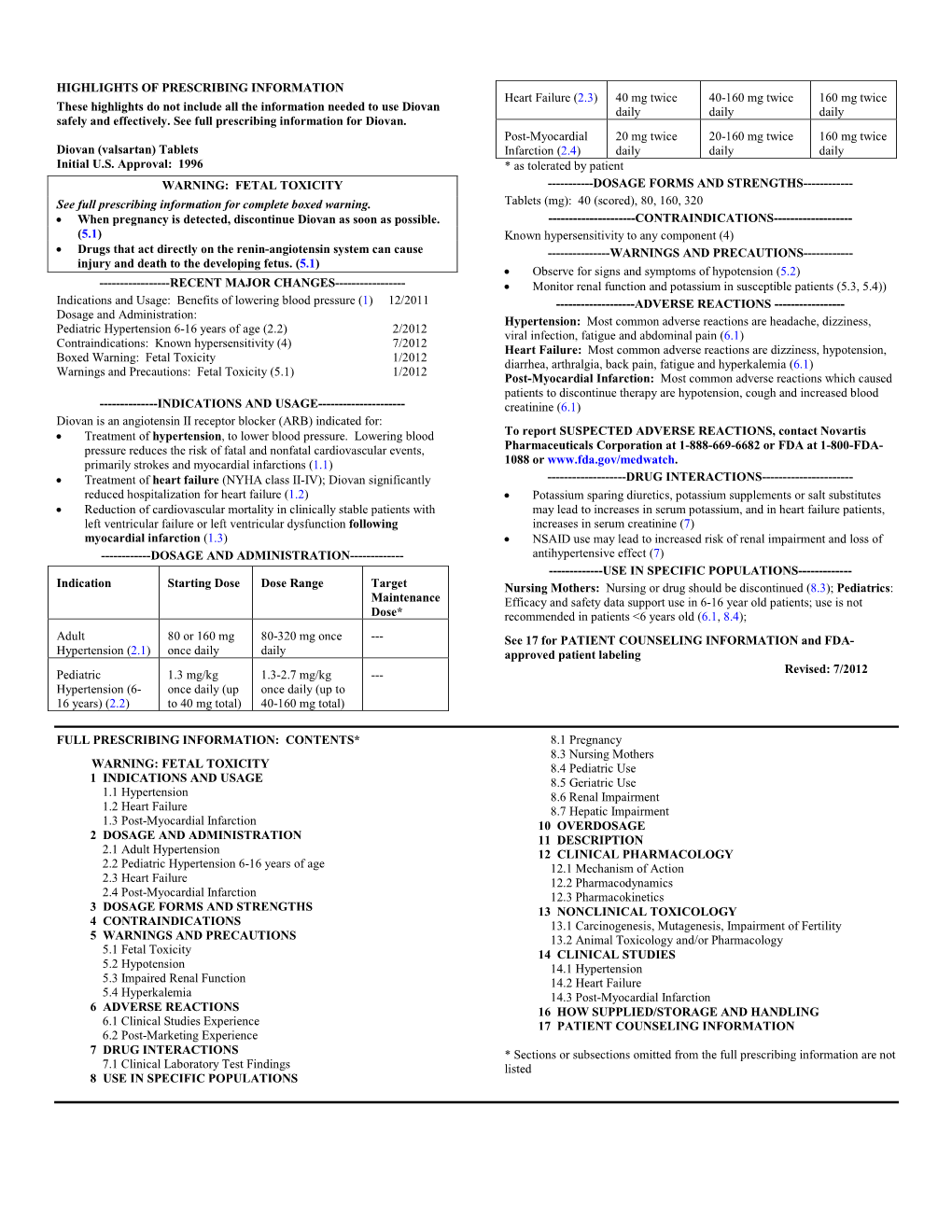 Diovan (Valsartan) Tablets Infarction (2.4) Daily Daily Daily Initial U.S