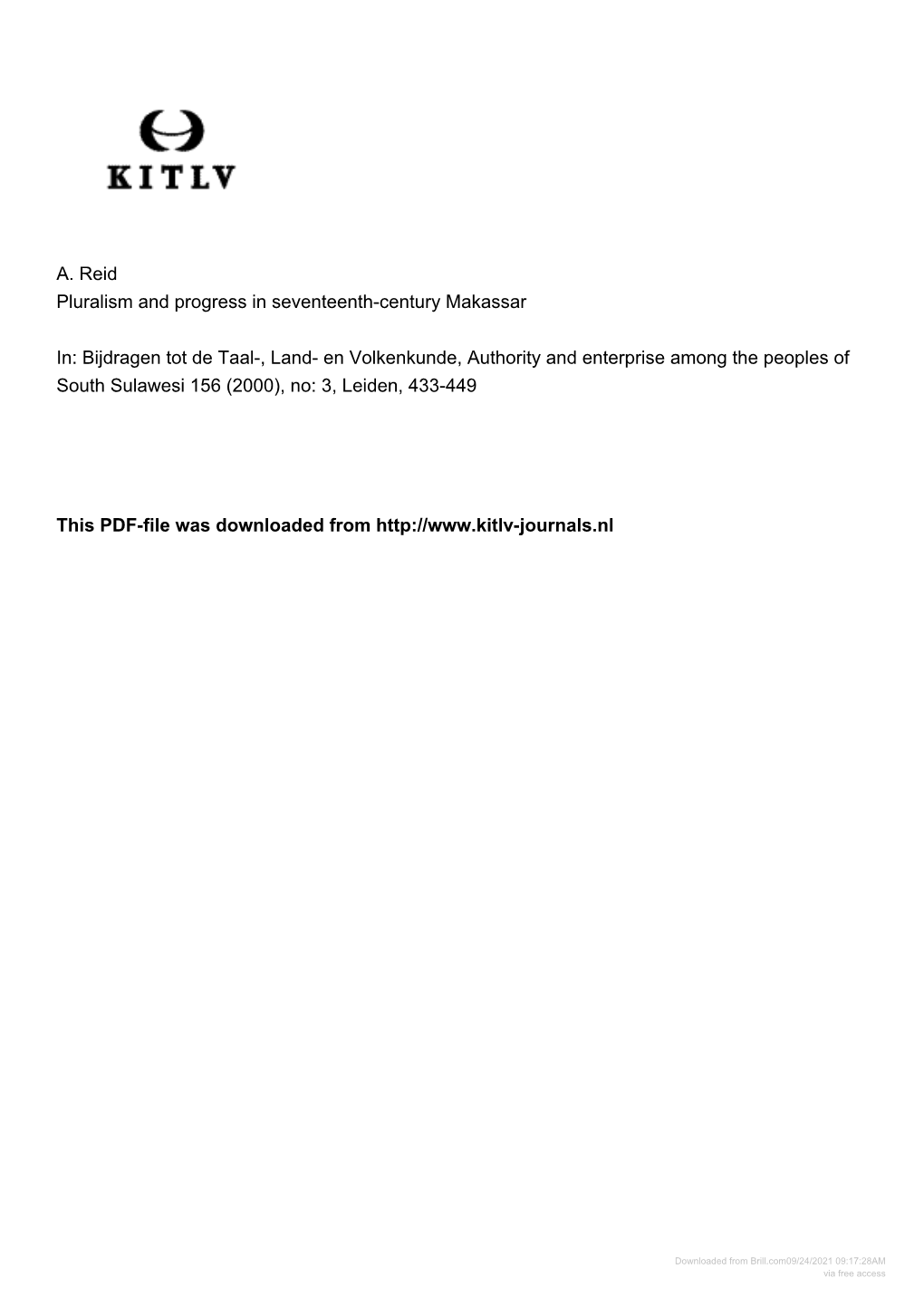 A. Reid Pluralism and Progress in Seventeenth-Century Makassar In