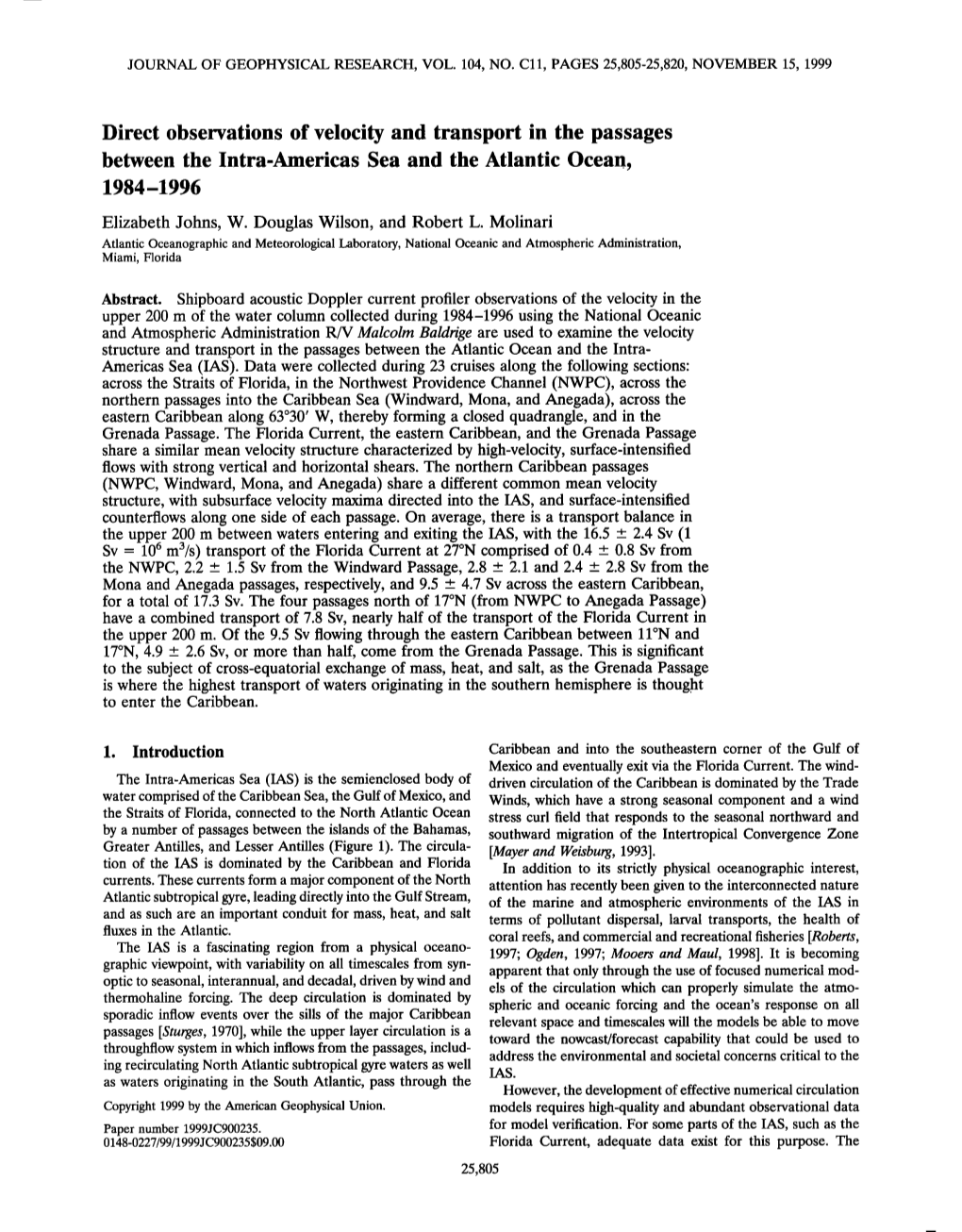 Direct Observations of Velocity and Transport in the Passages Between the Intra-Americas Sea and the Atlantic Ocean, 1984 -1996